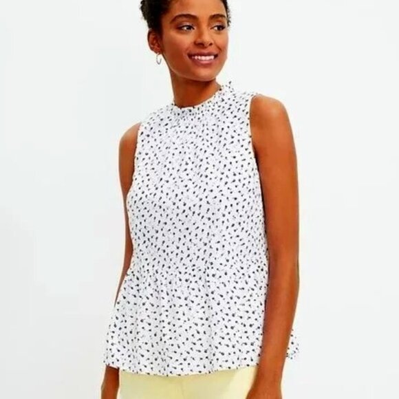 LOFT Peplum Eyelet Rose Print Ruffle Halter Blouse Small Petite White Black - Picture 1 of 17